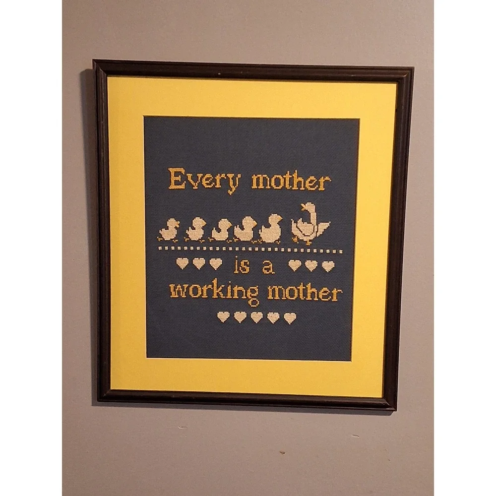 Vintage Framed Cross Stitch Every Mother Is A Working Mother Duck Art 15x18